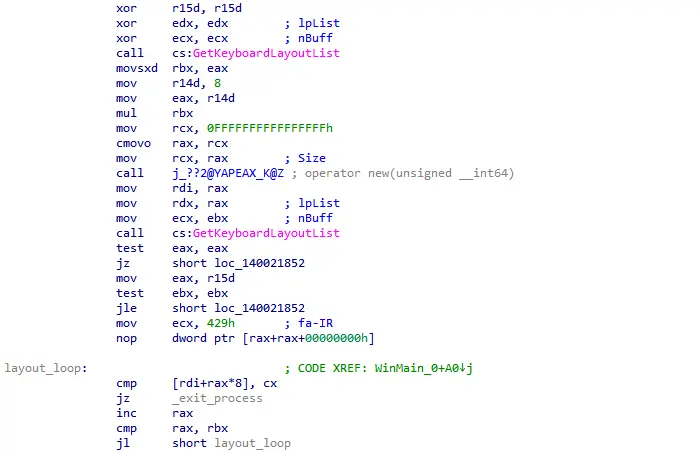 Фрагмент кода проверки установленных раскладок клавиатуры в программе-вымогателе Proton