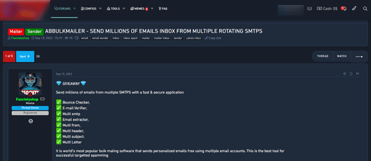 Объявление на форуме с инструментом для мошеннических e-mail рассылок