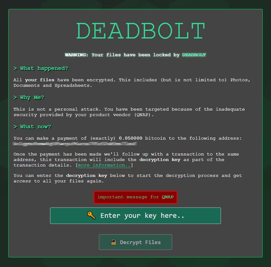 Сообщение DeadBolt с требованием выкупа