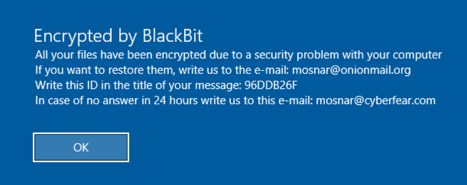 Пример текста с информацией о шифровании файлов Black Bit